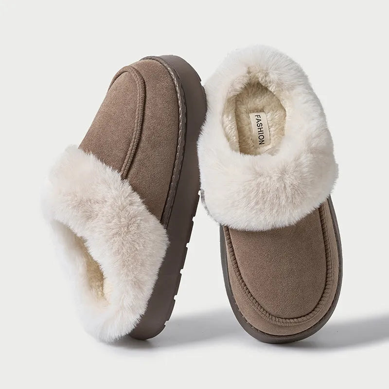 Men's non-slip plush indoor slippers with EVA sole, 4cm heel, caramel colour, round toe