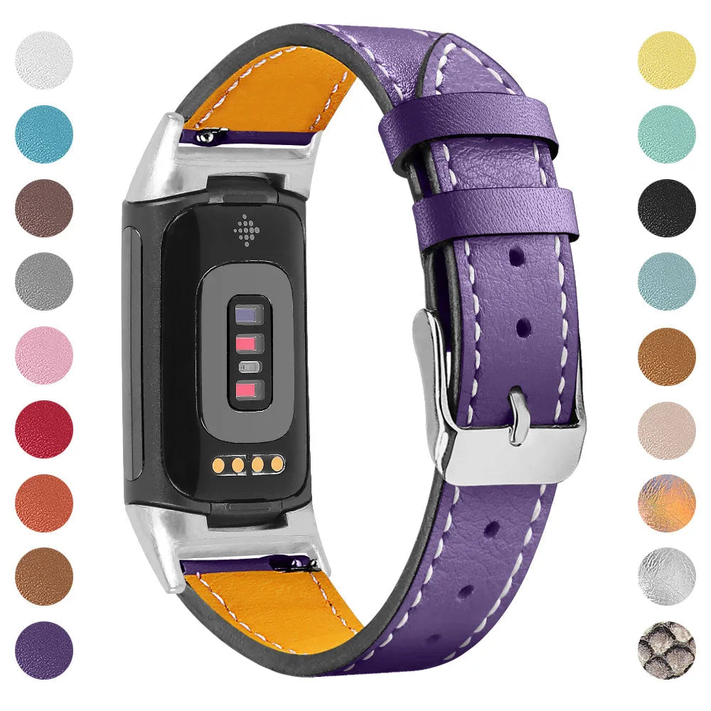 Genuine cowhide leather replacement strap for Fitbit Charge 5 and Charge 6 smartwatches in various colours.