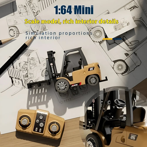 Mini alloy remote control forklift model with cargo pallet and hook on a table.