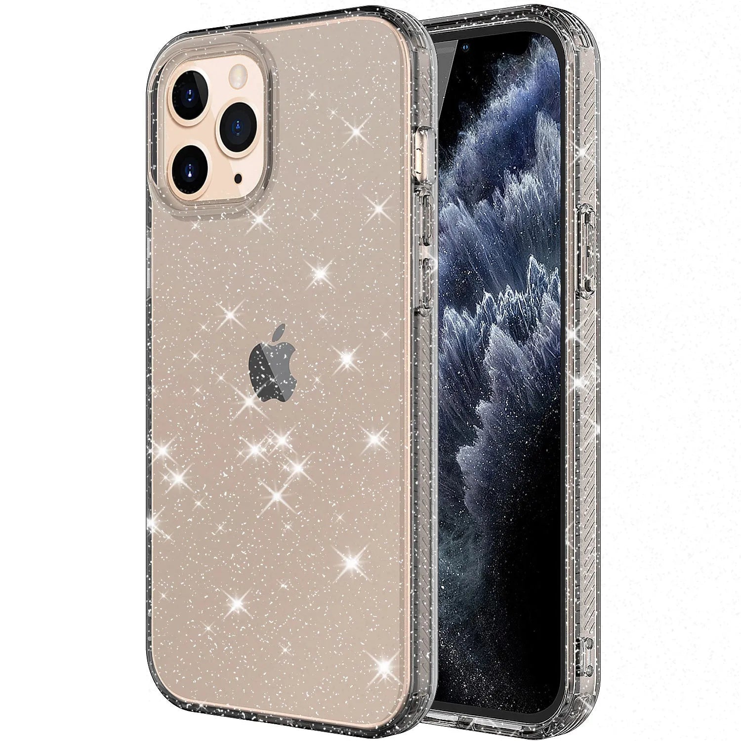 Glitter transparent TPU phone case for iPhone 12 Pro Max in pink, black, purple, and clear colours.