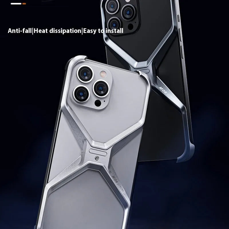 Aluminium alloy phone case with hollow-out frameless heat dissipation design for iPhone 14, 15, 16 series