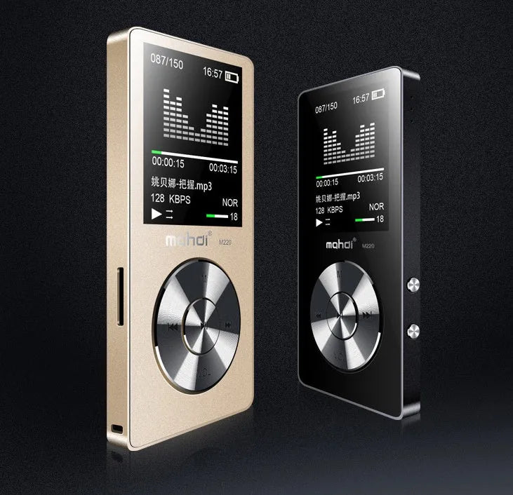 Gold coloured all-metal portable MP3 music player with a 1.8-inch screen.