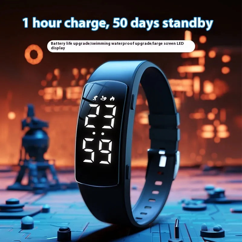 Waterproof vibration alarm watch with LED display and coloured silicone strap on a wrist.