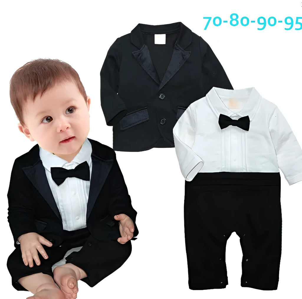 Baby boy black cotton long sleeve gentleman formal suit on white background