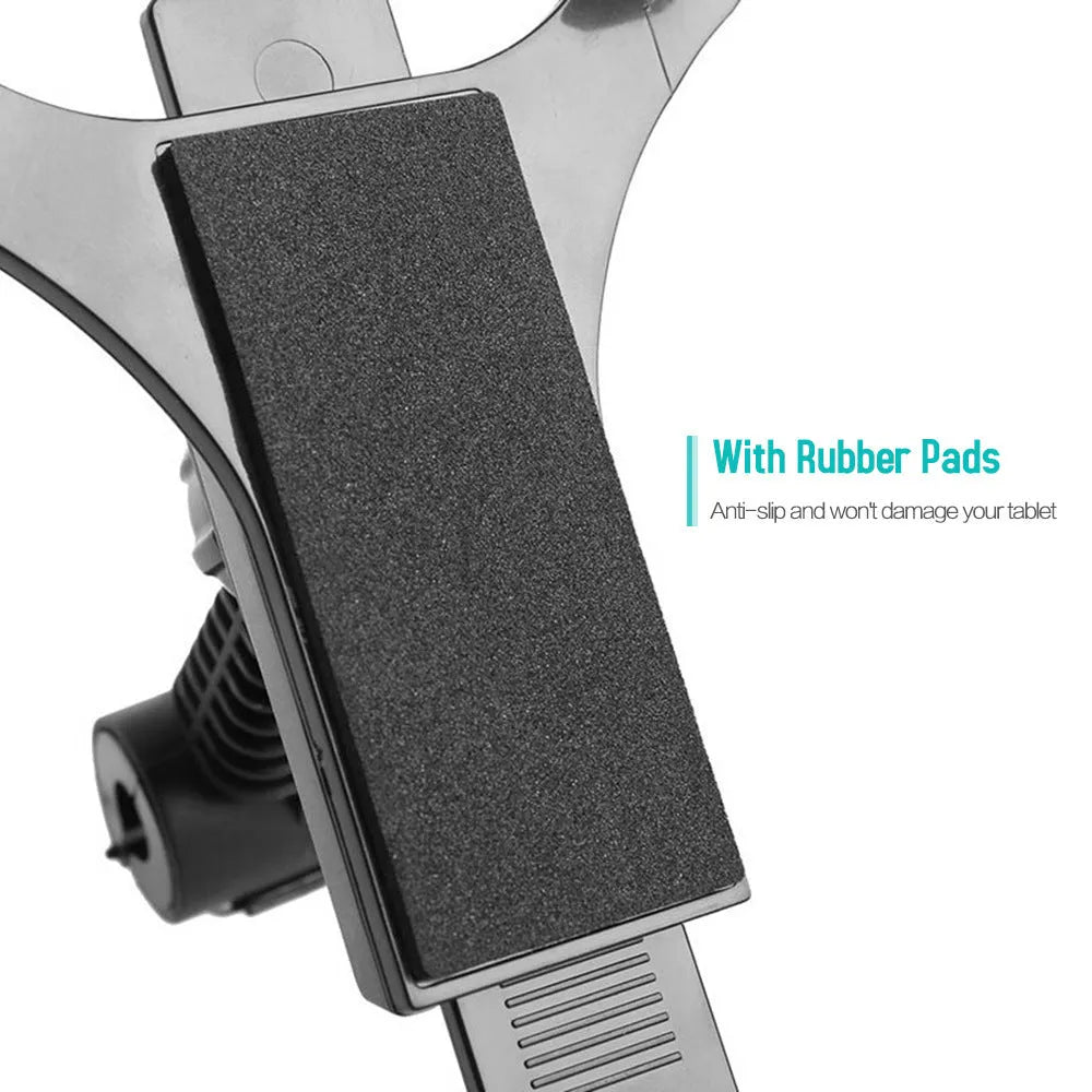 Black car headrest mount holder with four-point clamp for tablet on bumpy roads