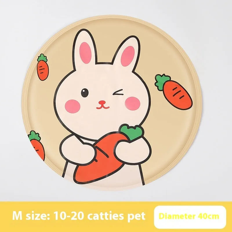 Round pet cooling mat with cartoon animal design for dogs in beige bunny pattern