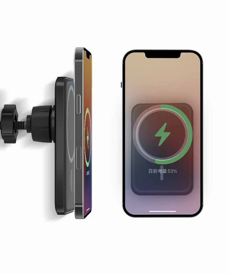 Black car magnetic wireless charger mounted on vehicle air vent with phone attached