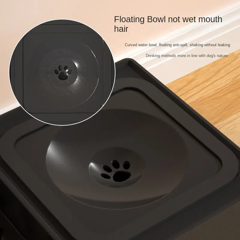 Adjustable height grey dog feeding stand with two stainless steel bowls on an anti-slip base