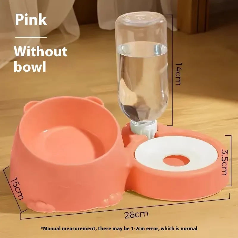 Automatic drinking pet basin with double stainless steel and ceramic bowls for cats.