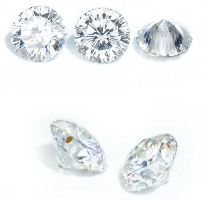 Round brilliant cut moissanite stone showing eight hearts eight arrows pattern with polished surfaces