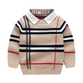 Boys plaid jacquard cotton sweater pullover in apricot with long sleeves, fine wool thickness, soft treatment fabric