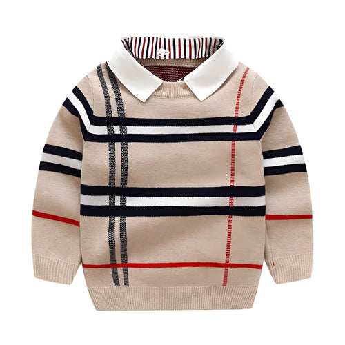 Boys plaid jacquard cotton sweater pullover in apricot with long sleeves, fine wool thickness, soft treatment fabric
