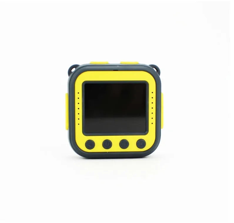 Yellow children's waterproof sports camera showing front display and controls