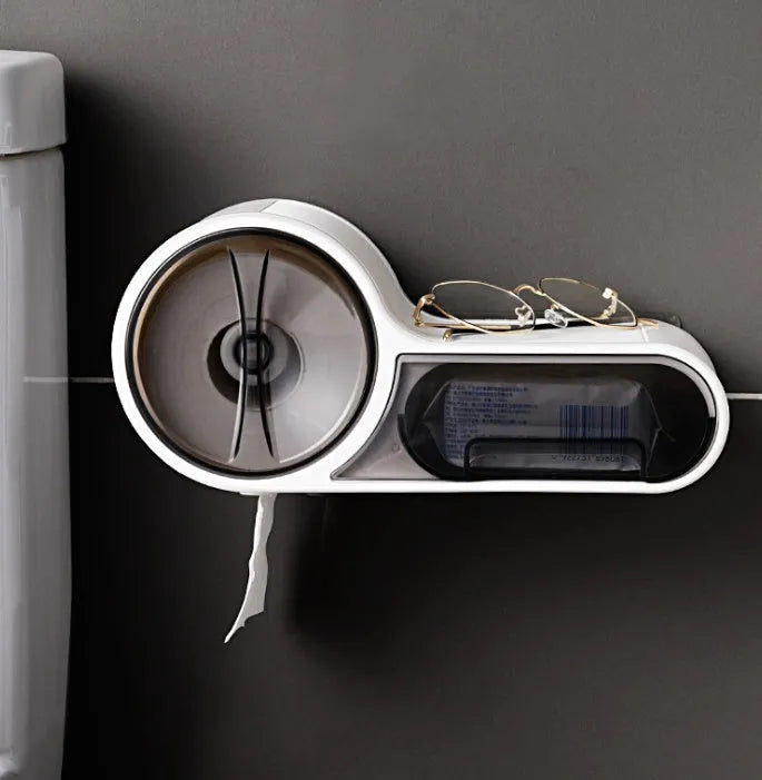 White plastic toilet roll holder with streamline curve design for no-drill bathroom installation