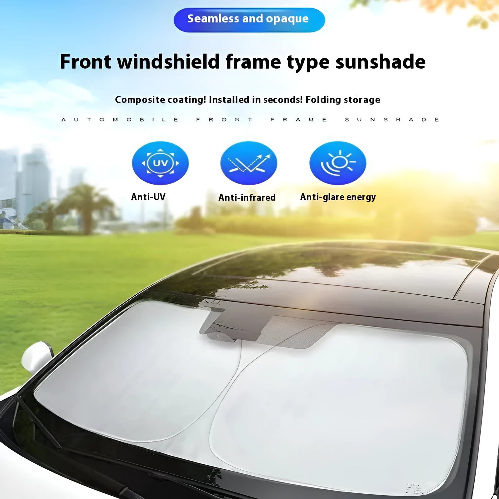 Titanium silver aluminium foil car windscreen sunshade unfolded on a dashboard.