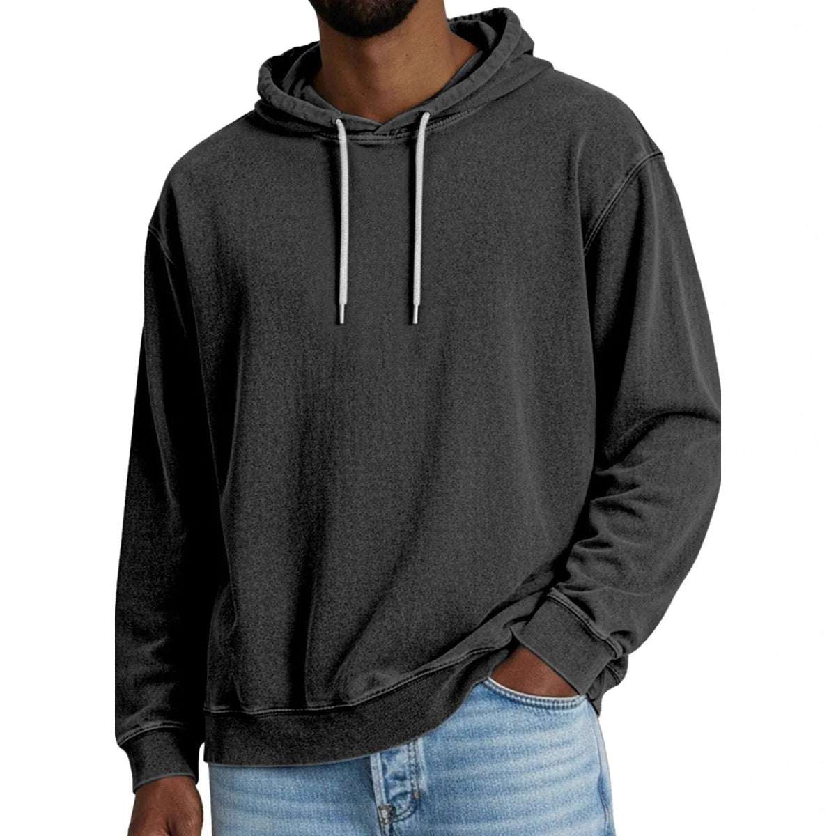 Men's loose fit solid colour hooded sweatshirt, long-sleeved polyester pullover, sizes S-5XL, seven colours