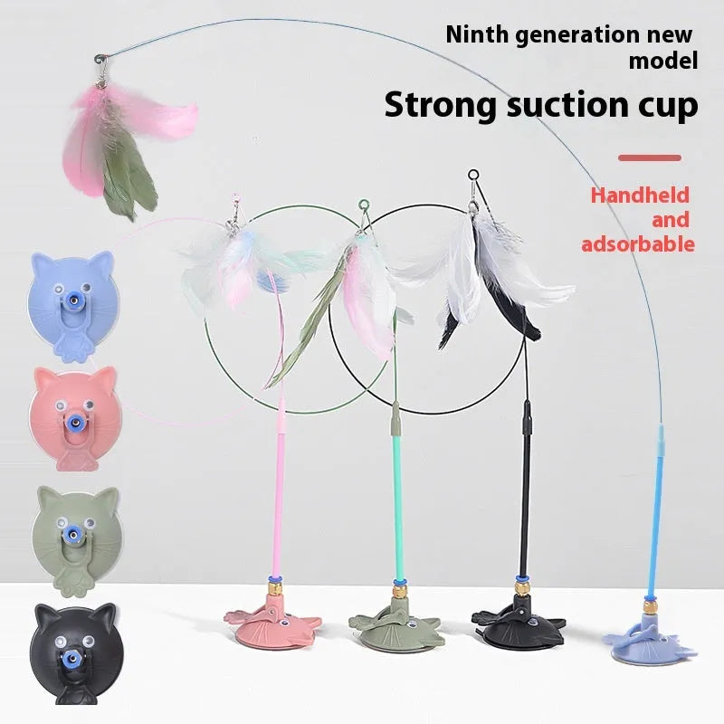 Cat teaser wand toy with suction cup holder and bell, shown in various colour and design options.