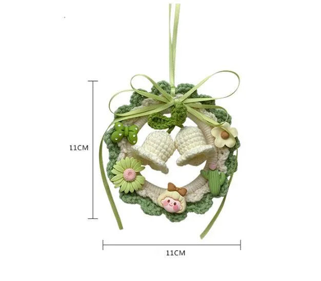 Woven wool bell orchid car pendant in green, pink, purple, yellow colours with dream catcher charm options