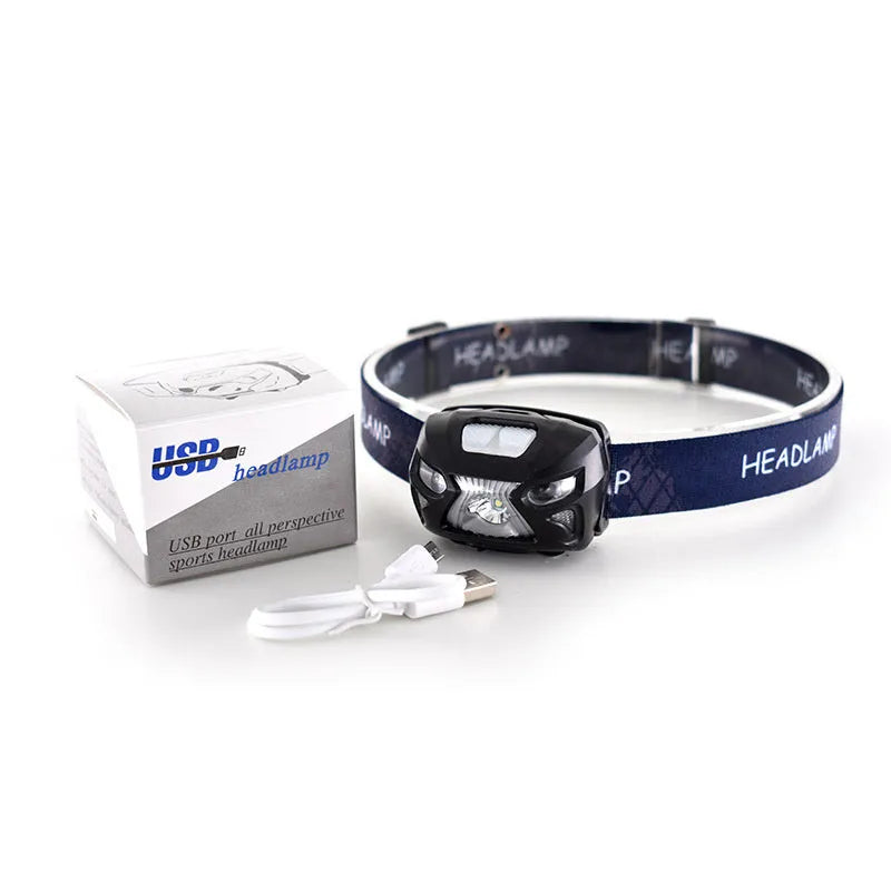Head-mounted LED sensor headlight with adjustable webbing strap, shown in black colour.