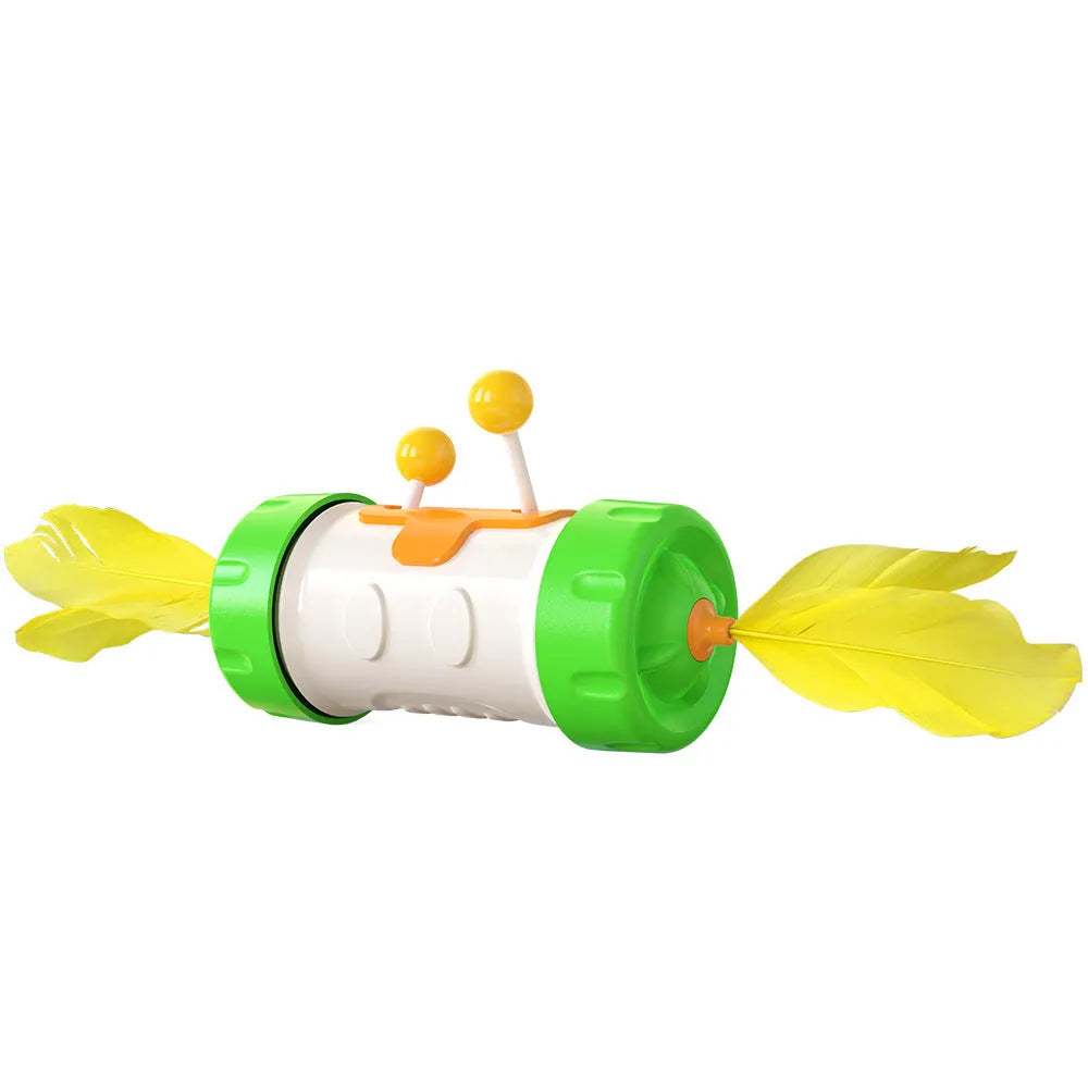 Colourful interactive cat toy with feather ball, stick pole, and tumbler on a flat surface.
