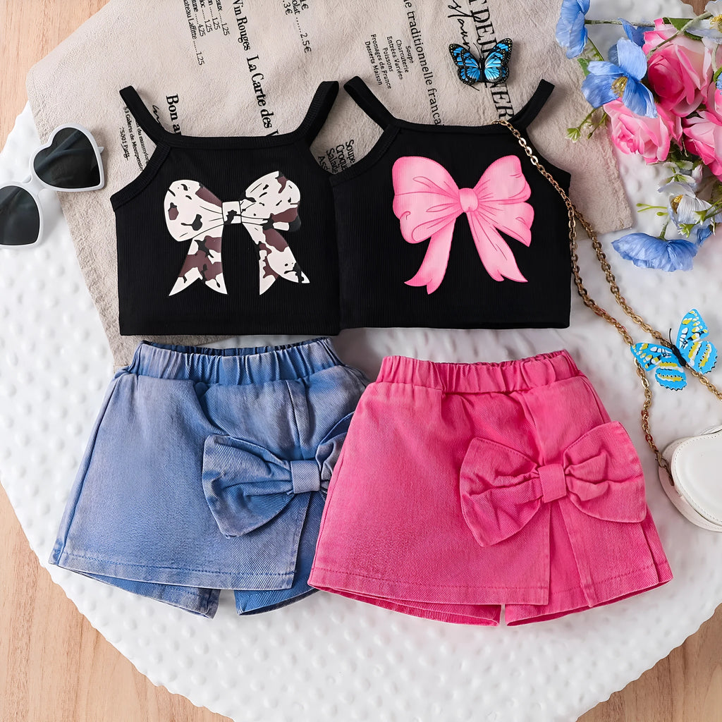 Children's cotton bow print sling top and shorts set in blue, sleeveless summer outfit for girls