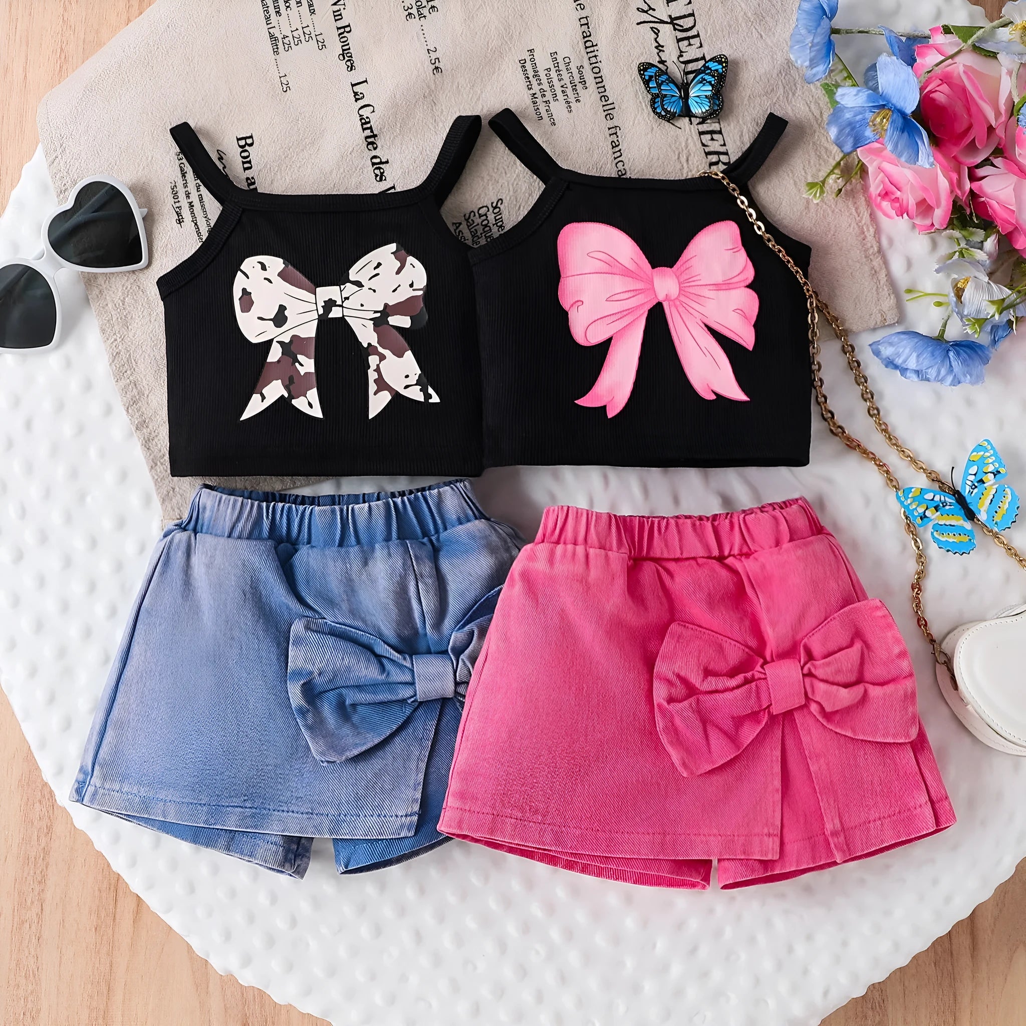 Children's cotton bow print sling top and shorts set in blue, sleeveless summer outfit for girls