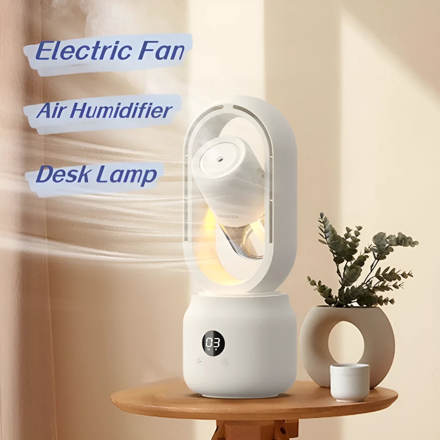 White bladeless table fan with water tank and USB port on a wooden desk.