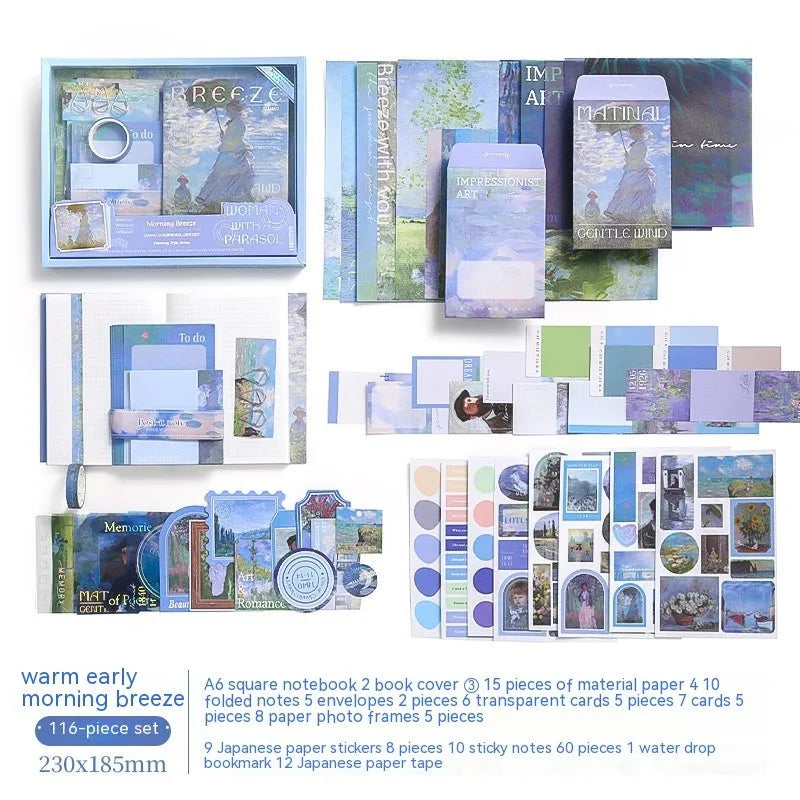 Hand Account Suit Creative Journal Gift Box open to show A6 plaid notebook, decorative papers, cards, and stickers.