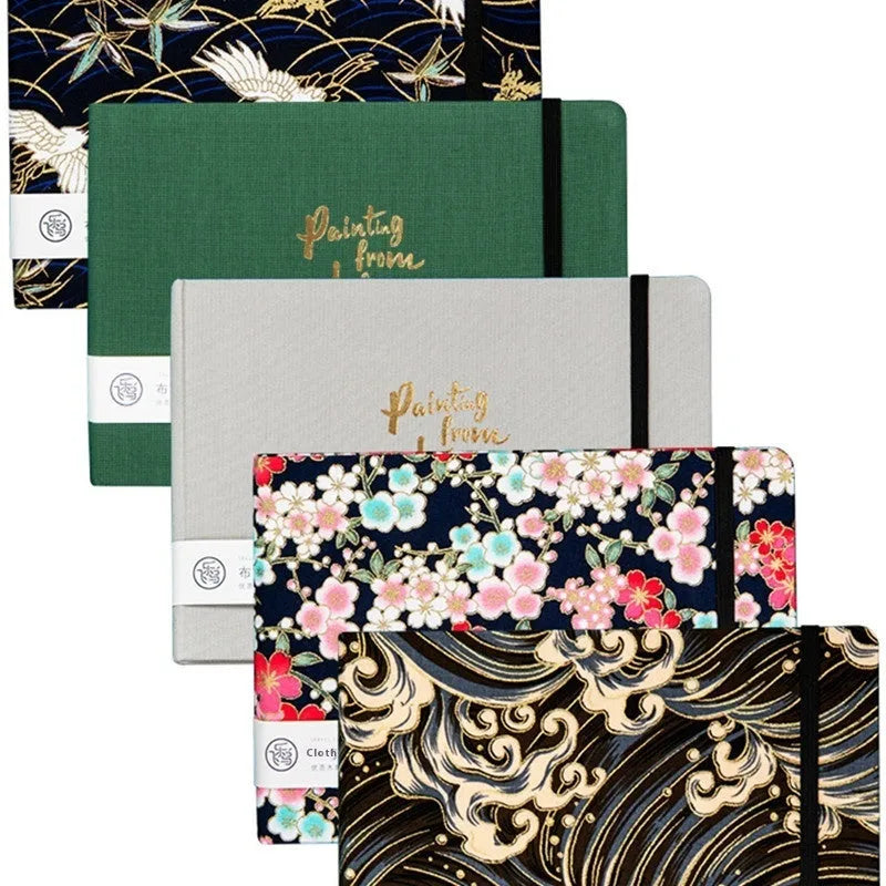 Feiluniao handmade fabric watercolour notebook with illustrated cover, open to show blank paper pages.