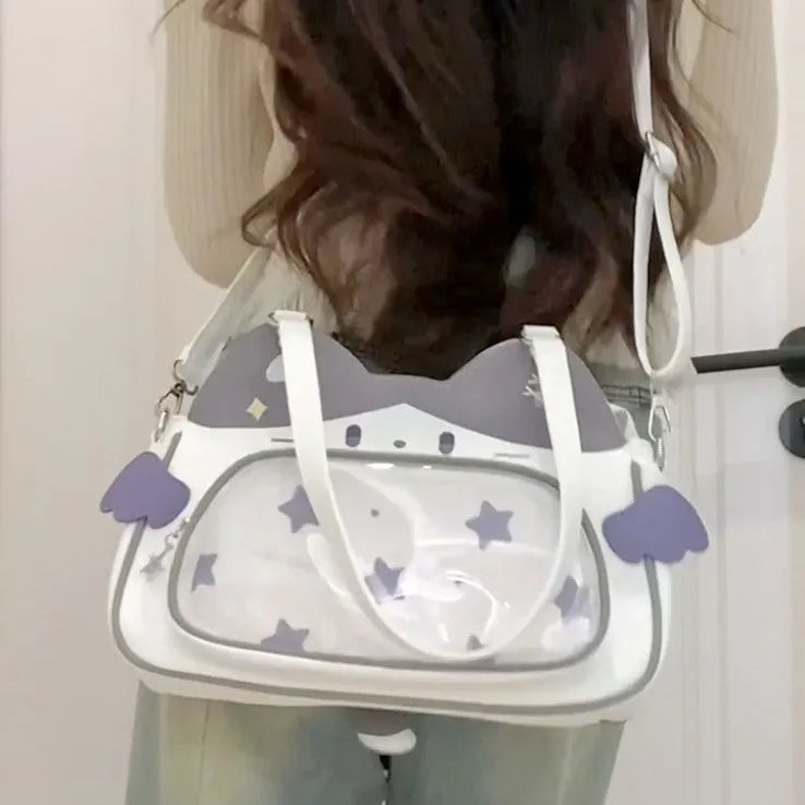 Horizontal cartoon owl pin PU crossbody bag in black, side view showing stitching and single strap