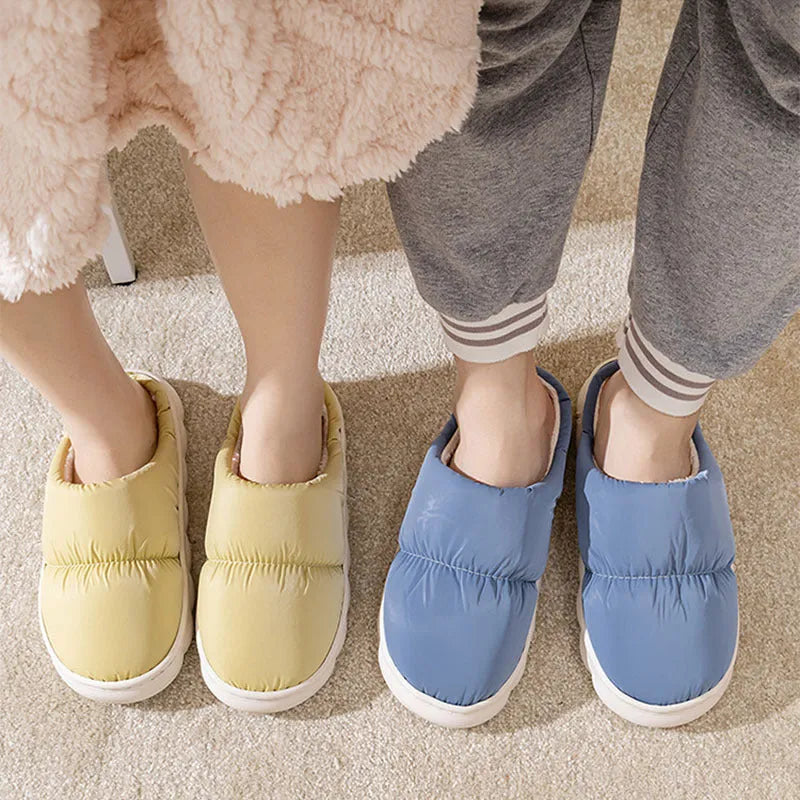 Winter indoor slippers with artificial leather upper, rubber anti-slip sole, and plush lining