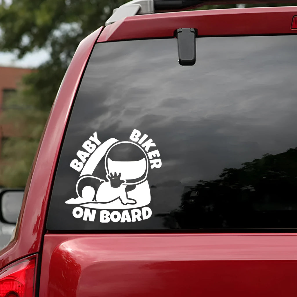 Reflective baby on board car window sticker measuring 14.5 by 15 centimetres