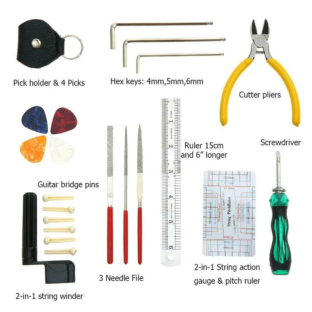 Black plastic case open to show guitar repair and maintenance tools for guitars, basses, mandolins, and banjos.