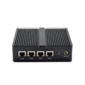 Compact industrial fanless mini PC with metal case, showing rear ports and small 13.6x12.7x4cm size.