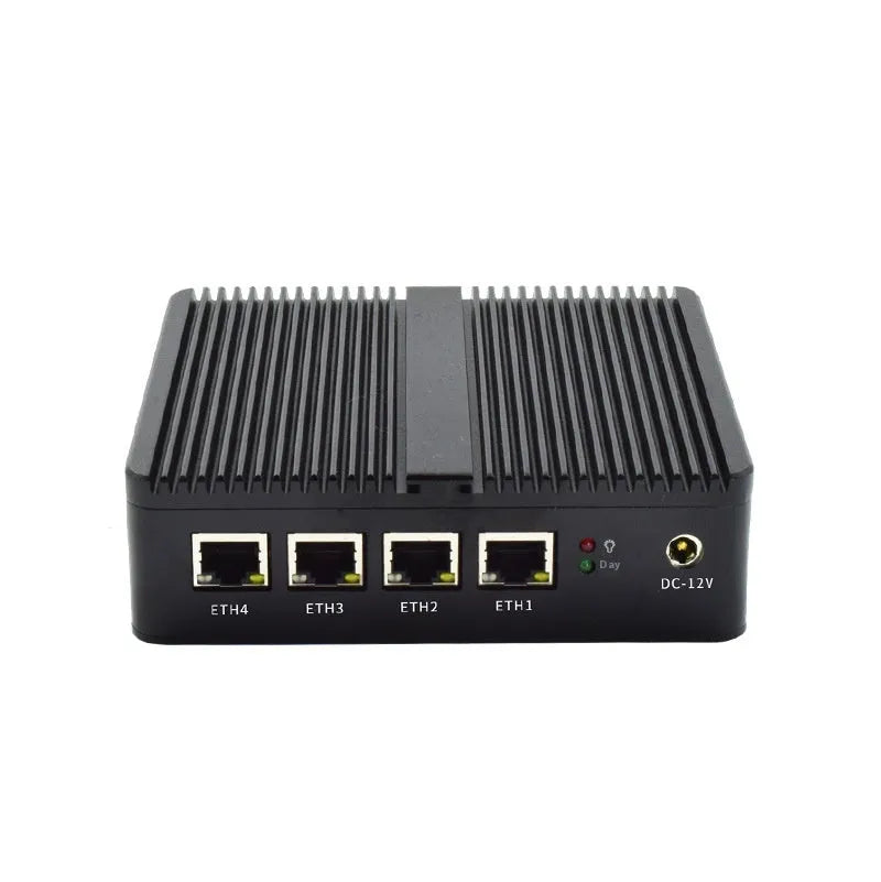 Compact industrial fanless mini PC with metal case, showing rear ports and small 13.6x12.7x4cm size.