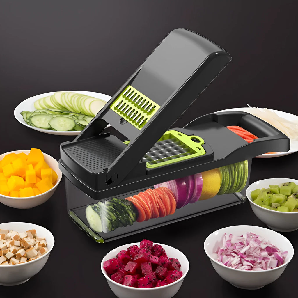 Multifunctional vegetable cutter with 7 stainless steel blades and wheat straw body in black, 31.8 cm