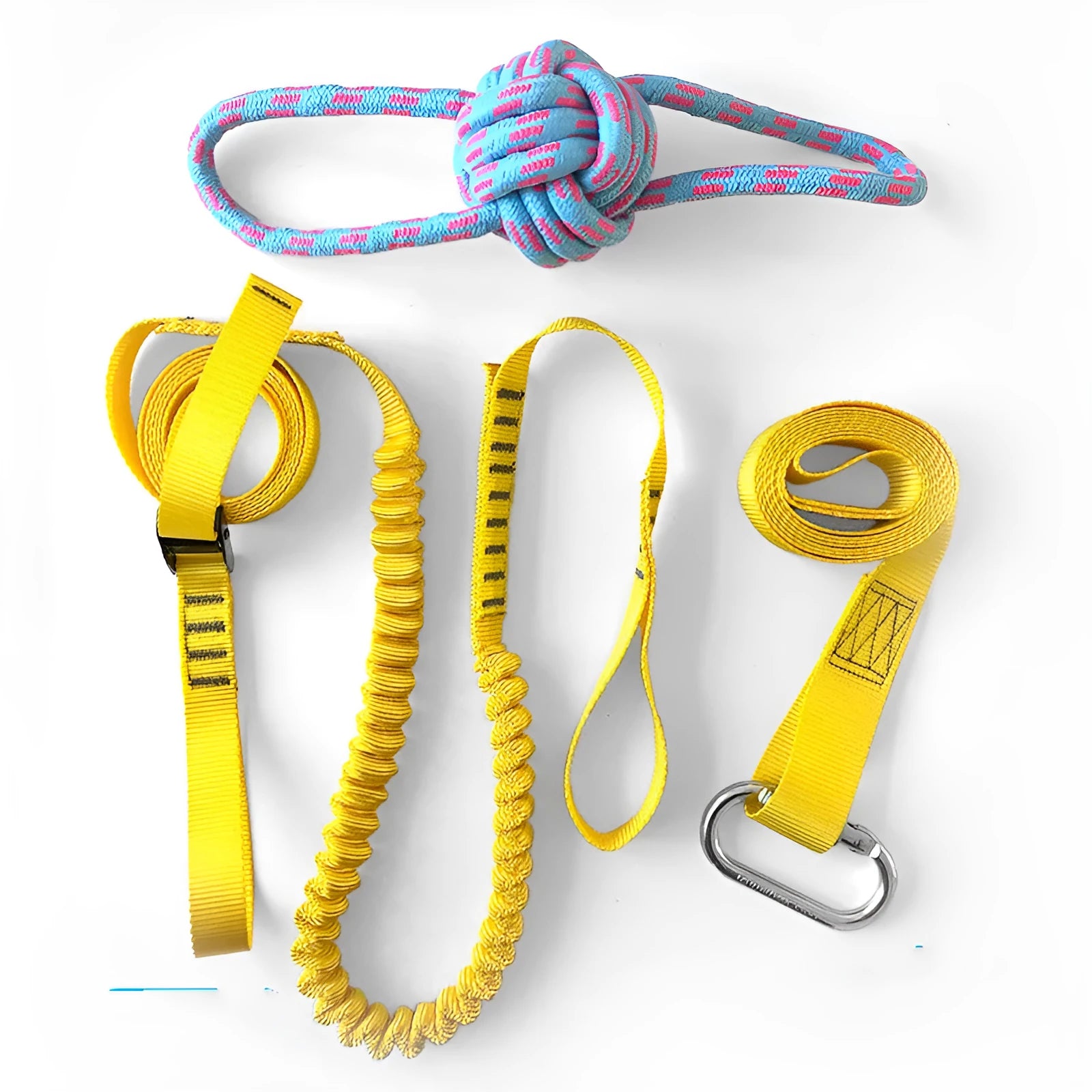 Pet training rope toy set with polyester training belt and rope toy in yellow and black for dog training