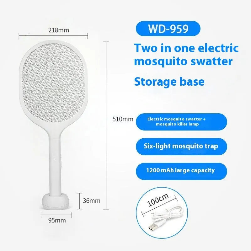 Rechargeable electric mosquito swatter in hand, showing ABS plastic shell and metal grid.
