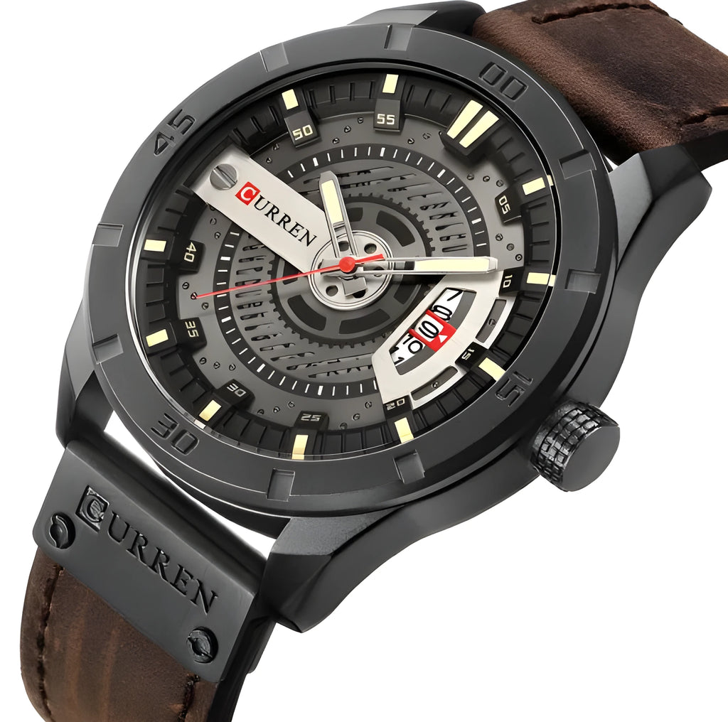 CURREN men's military sports watch with black shell case and brown leather band, 45mm dial showing date
