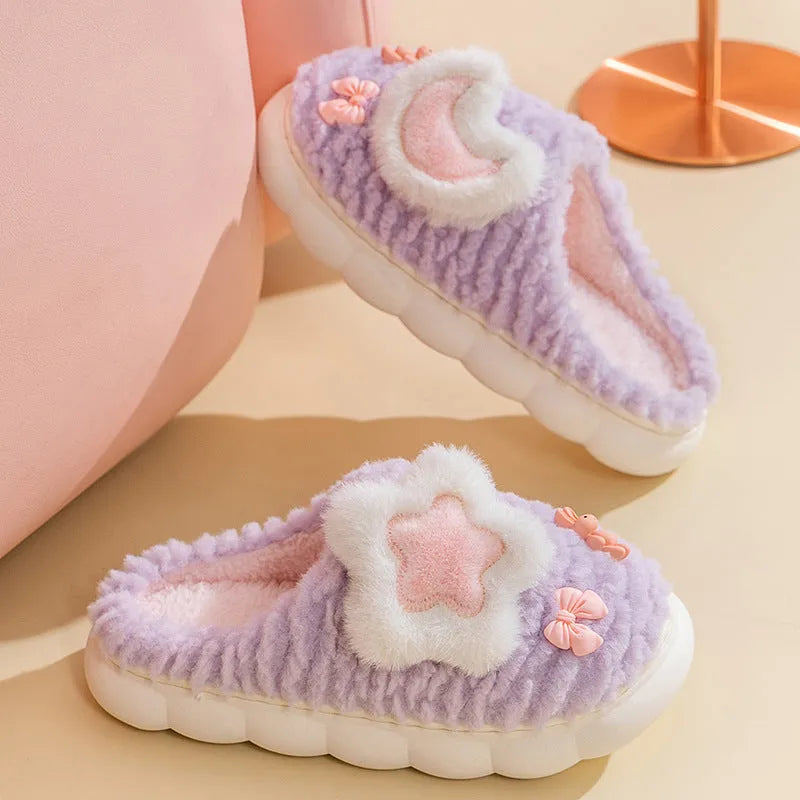 Women's light blue cartoon animal pattern fleece-lined slippers with round toe and PVC sole
