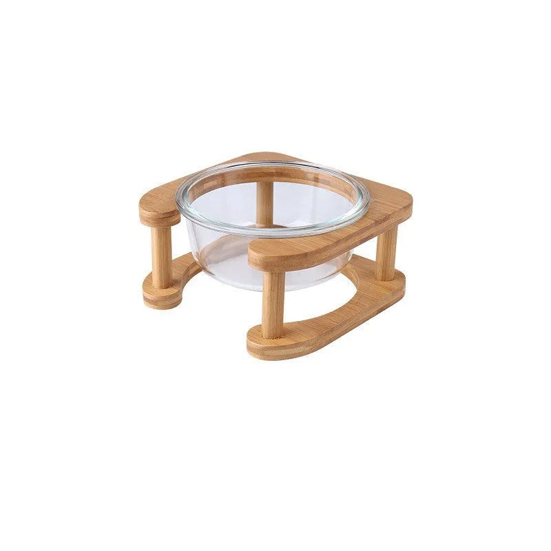 Clear glass cat bowl with 14.7cm diameter and 480ml capacity on stainless steel stand