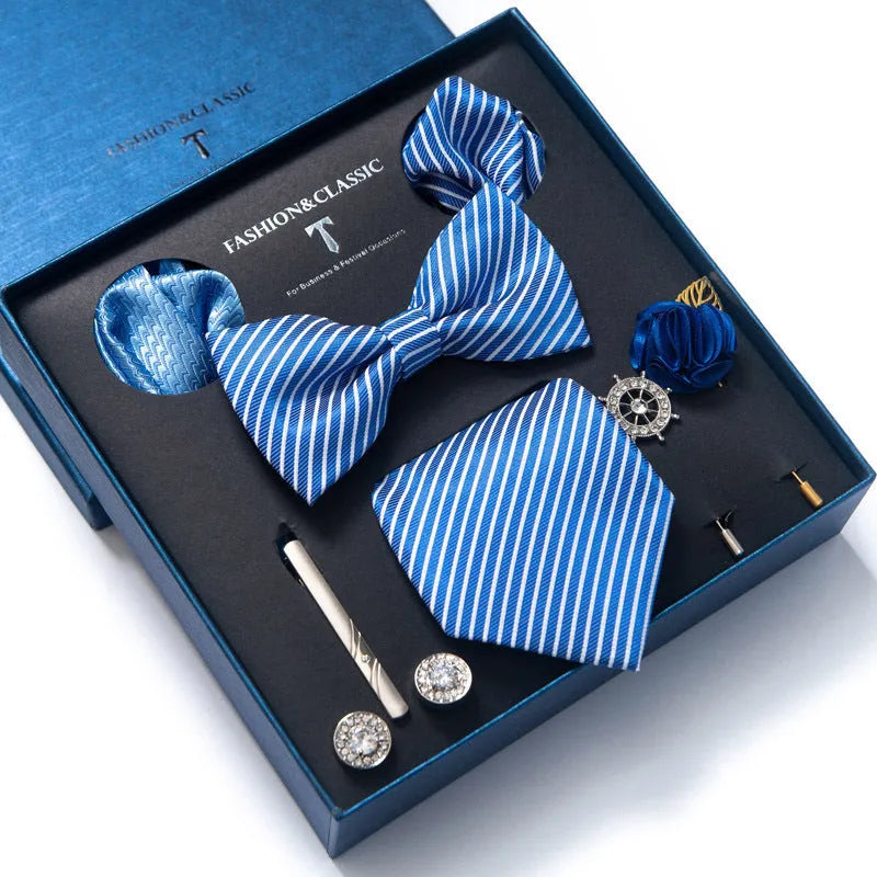 Men's 8-piece rayon jacquard bow tie set, heart shape arrow style, monochrome pattern, 146cm length