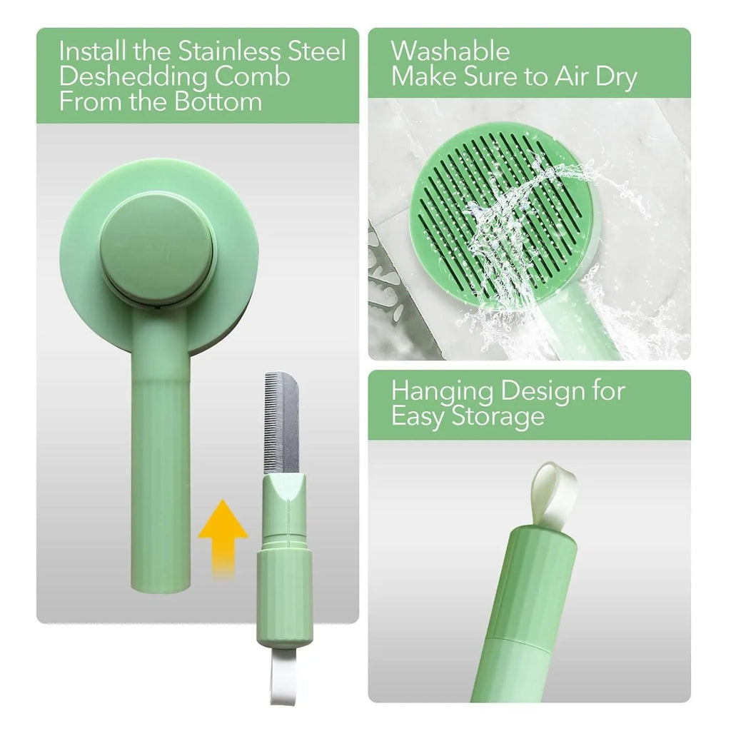 Green and yellow pet grooming brush with stainless steel teeth and a hanging loop for storage.