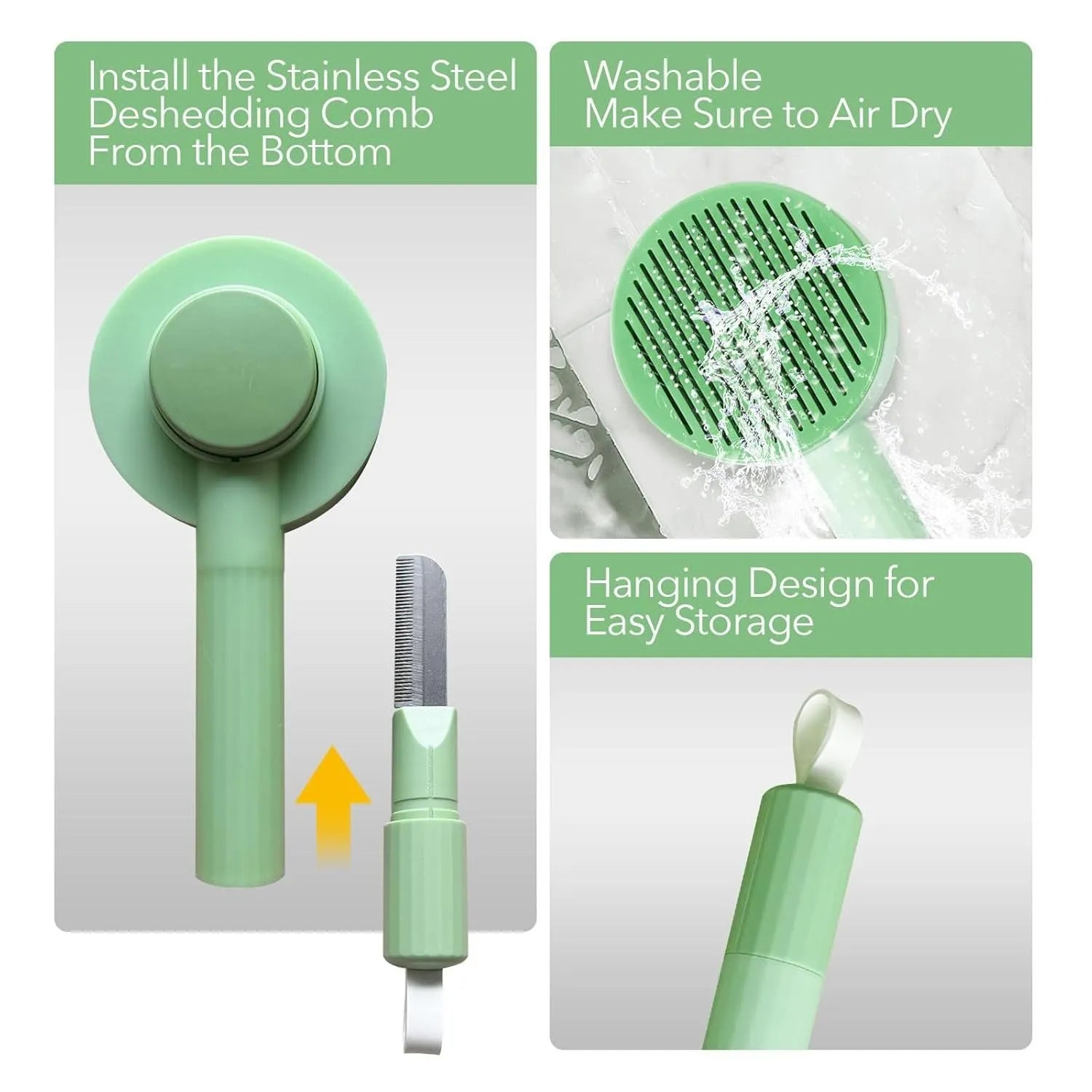 Green and yellow pet grooming brush with stainless steel teeth and a hanging loop for storage.