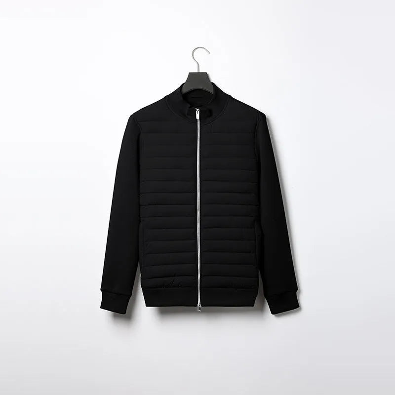 Men's lightweight stand collar coat with knitted stitching in solid colour, available in black, light gray, and navy blue