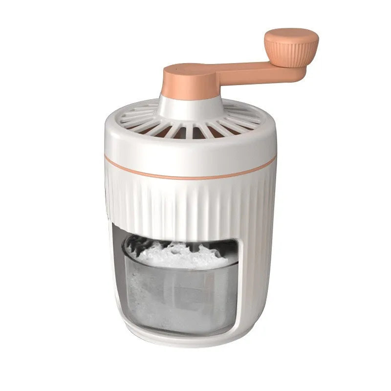 Hand-cranked ice shaving machine in green and orange, compact portable snow cone maker with ergonomic handle and removable ice box.