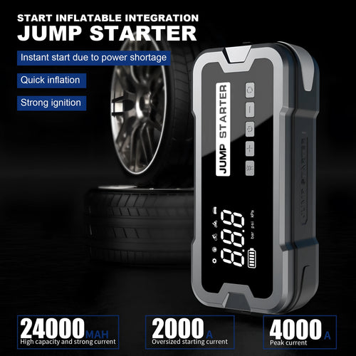 CY53 model black automotive jump starter power bank with built-in air compressor, LCD screen, and LED lights