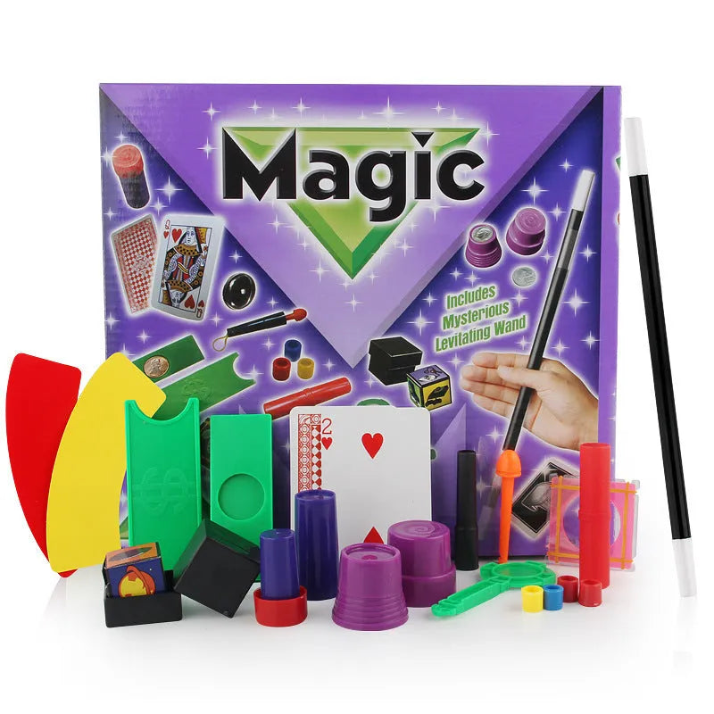 Purple and red magic prop set for children aged 3-7 years in cardboard carton packaging