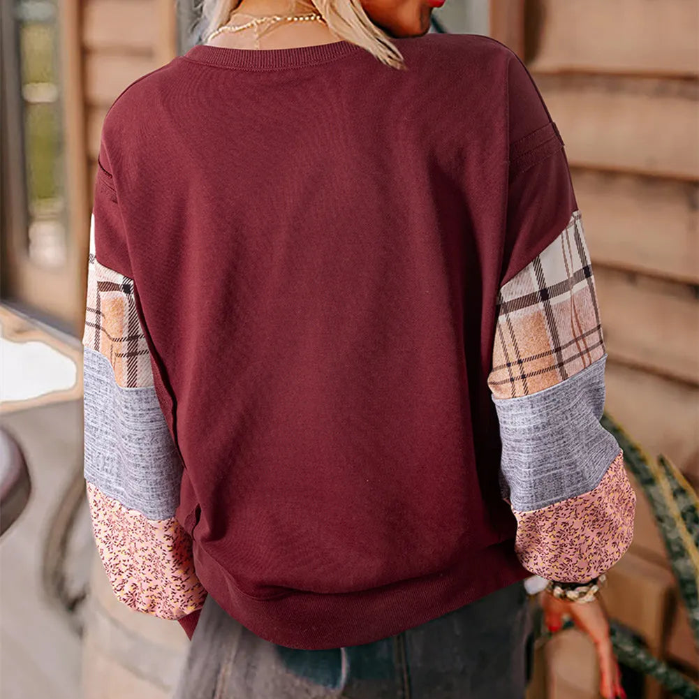 Women's plaid patterned long-sleeved casual top in apricot colour with striped design elements