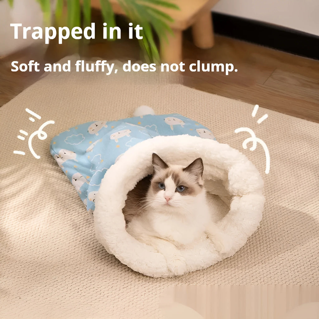 Blue rabbit design flannel cat sleeping bag nest bed measuring 50cm by 40cm.